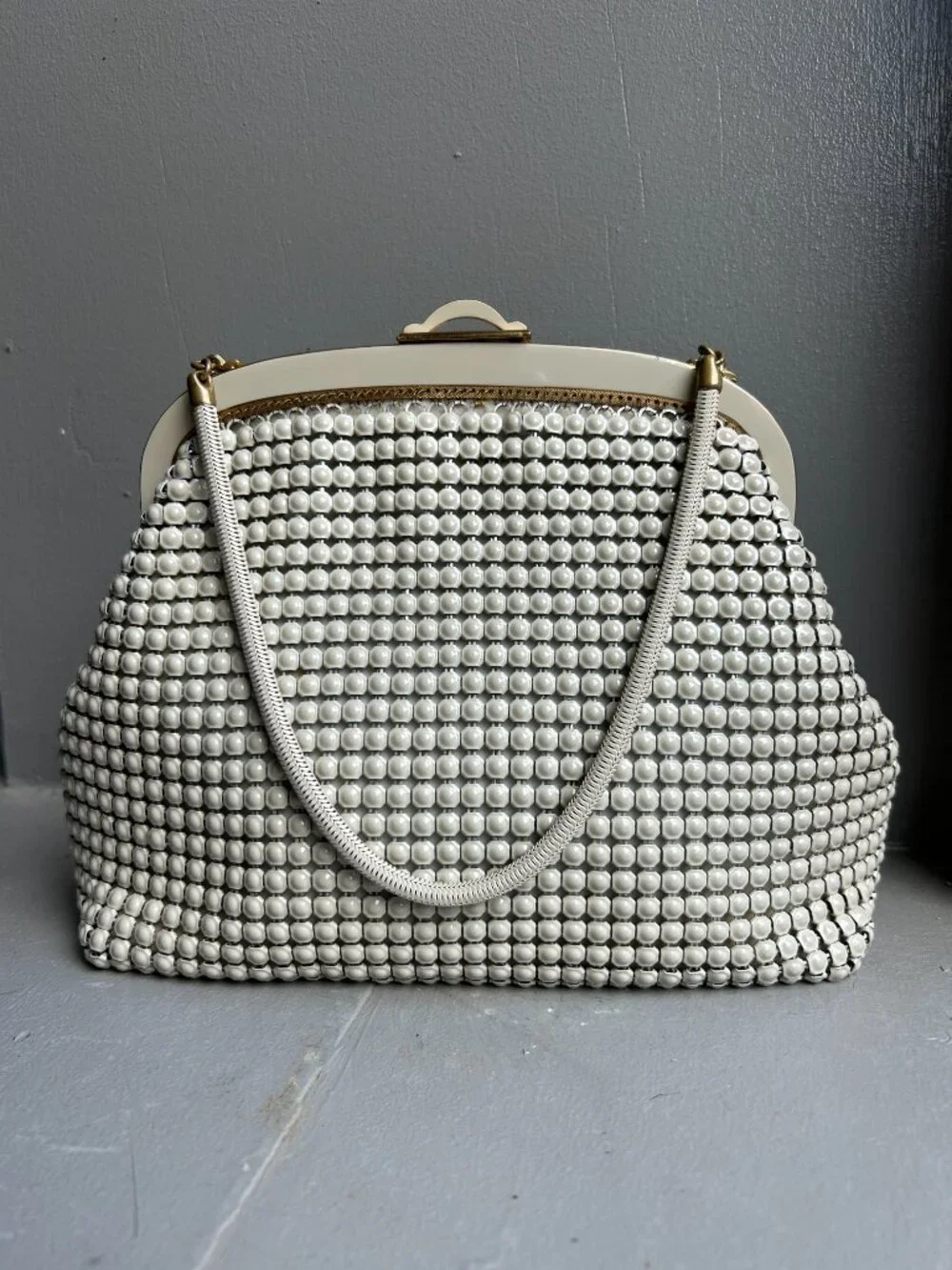 Vintage White Metal Mesh Enamel Bag Purse Made In West Germany